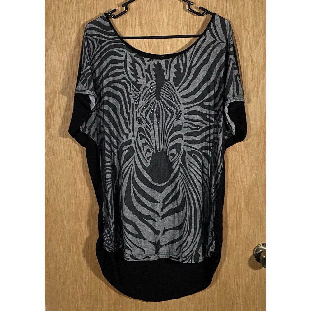 Vtg Skinny Minnie Zebra Mesh Overlay Top Rhinestones Stretch Women's Plus Sz 2X